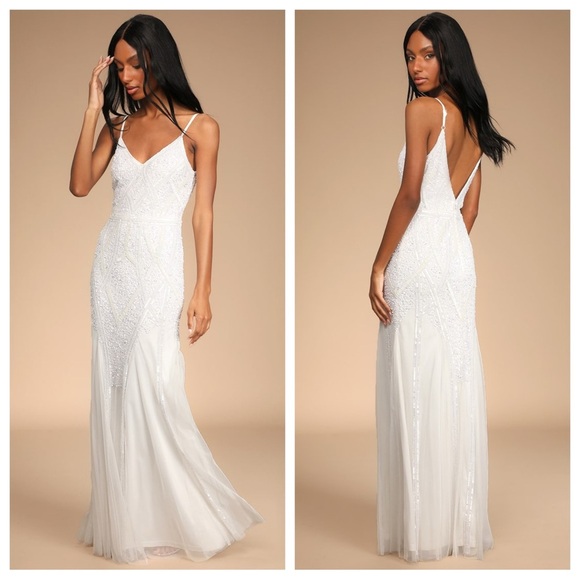 Lulus Just the Beginning White Beaded Sequin Mermaid Maxi Dress